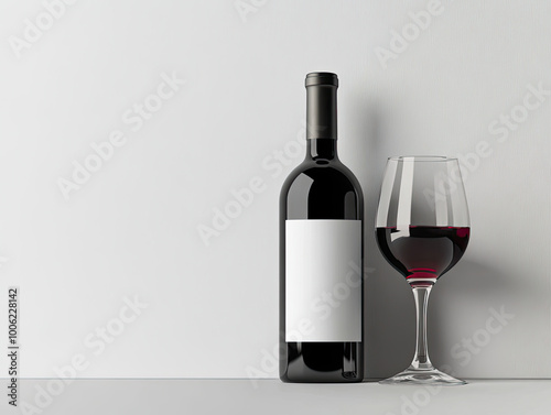 3D rendering of a wine bottle mockup with a blank white label on a grey concrete table, next to a glass of red wine. Created with Ai