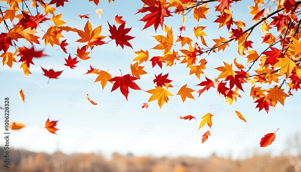 A dynamic poster featuring a flurry of colorful autumn leaves being swept by the wind across the frame. A dynamic poster featuring a flurry of colorful autumn leaves being swept by the wind across the frame.