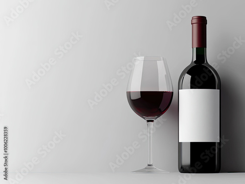 3D rendering of a red wine bottle mockup with a blank white label and a glass of wine next to it, on a light gray concrete table background. Created with Ai 