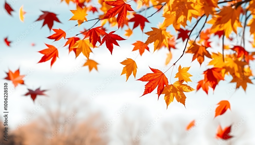A dynamic poster featuring a flurry of colorful autumn leaves being swept by the wind across the frame. A dynamic poster featuring a flurry of colorful autumn leaves being swept by the wind across the frame.
