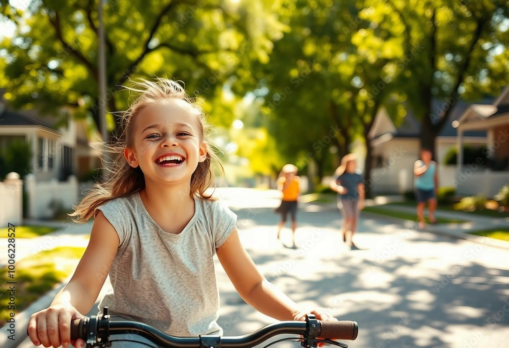 Obraz premium Portrait of a girl riding a bike on a tree-lined street, friends in the background.
