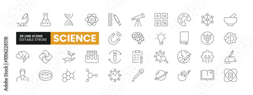 Set of 36 Science line icons set. Science outline icons with editable stroke collection. Includes Astronomy, Data Science, Physics, Scientist, Organic Chemistry, and More.