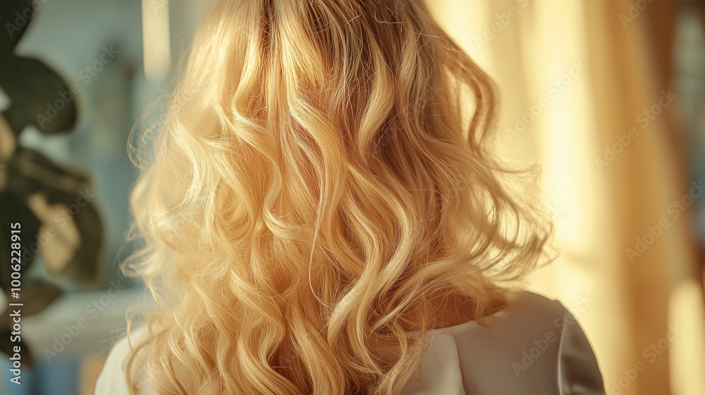 Curly blond hair closeup, no face. Back view of beautiful blond woman with long wavy hair. Curly blond hair closeup, no face. Back view of beautiful blond woman with long wavy hair.