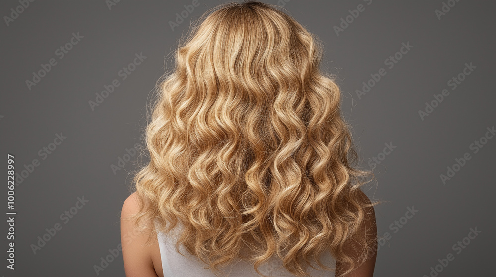 Naklejka premium Curly blond hair closeup, no face. Back view of beautiful blond woman with long wavy hair.