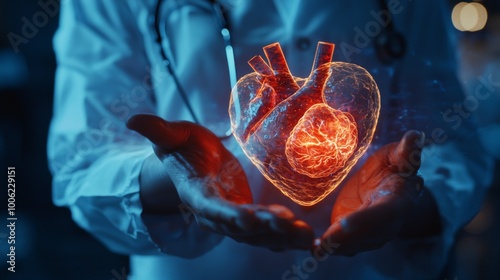 Holographic Heart, a doctor examines a glowing hologram of a human heart, showcasing advancements in cardiology and innovative medical technologies in a futuristic setting photo