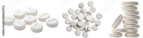 Close-Up Bundle of White Round Pills and Tablets in Various Arrangements Isolated on Transparent Background – Pharmaceutical Medicine and Healthcare Concept