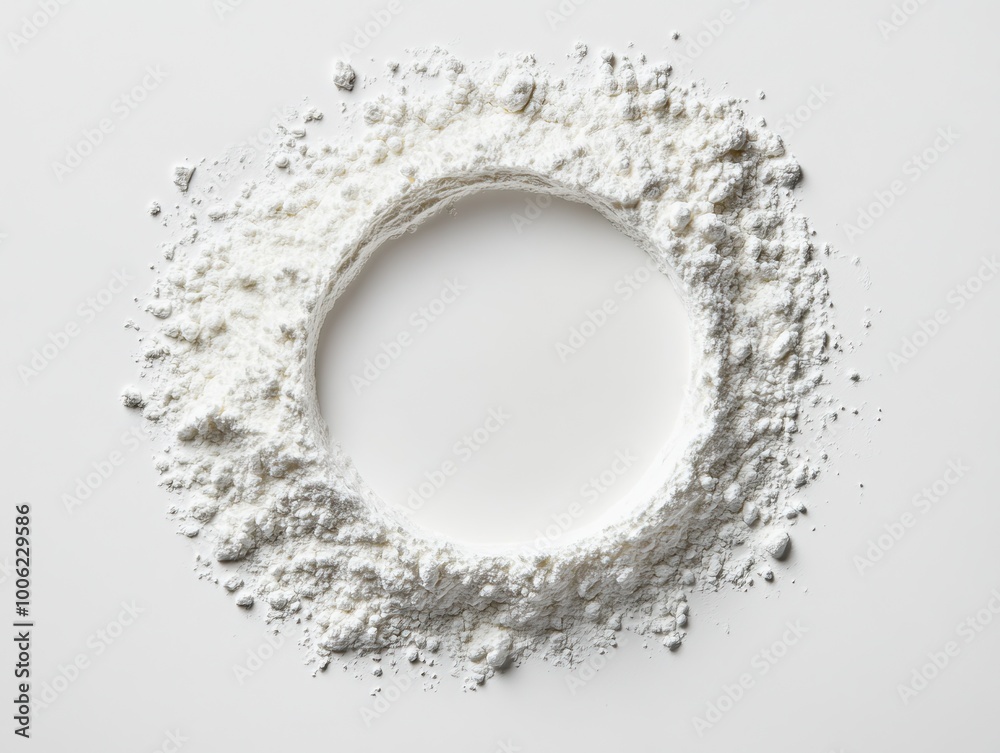 Fototapeta premium White flour circle on white background, perfect for baking and cooking imagery.