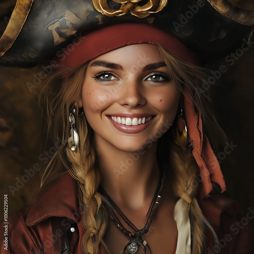 Pirate girl smiling confidently in a stylish pirate outfit with braids and accessories photo