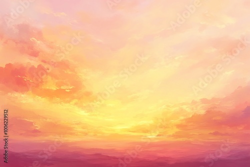 Vibrant sunset over soft clouds with warm hues, creating a serene and peaceful atmosphere.