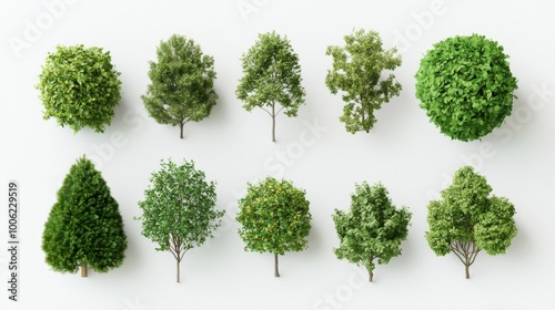 Architectural Landscape Elements, tree and shrub designs for floor plans, top view illustration, diverse foliage for enhancing outdoor spaces, detailed entourage design