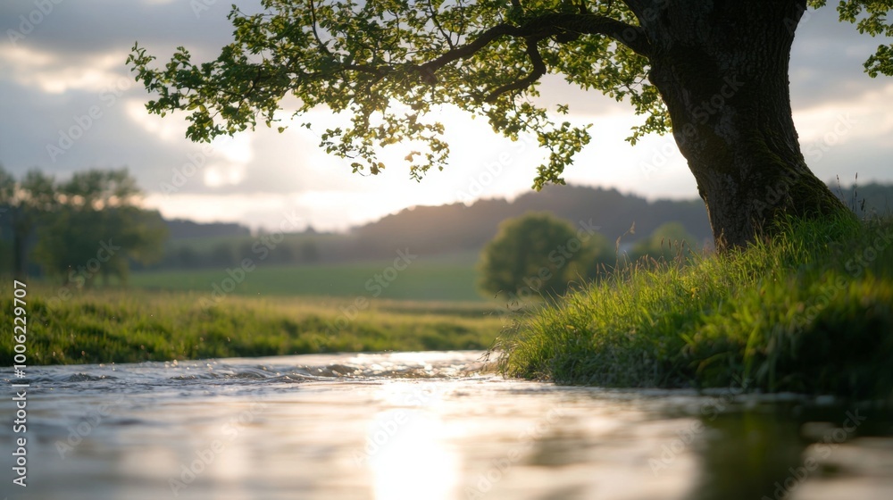 Solitary Tree by Meadow River, a vibrant tree on a grassy bank, sunlight filtering through clouds, a serene river flowing gently in front, evoking tranquility and nature's beauty Solitary Tree by Meadow River, a vibrant tree on a grassy bank, sunlight filtering through clouds, a serene river flowing gently in front, evoking tranquility and nature's beauty