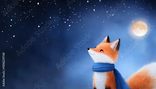 A cute, fluffy fox wrapped in a blue scarf, standing happily under a starry sky with a warm, glowing moon.