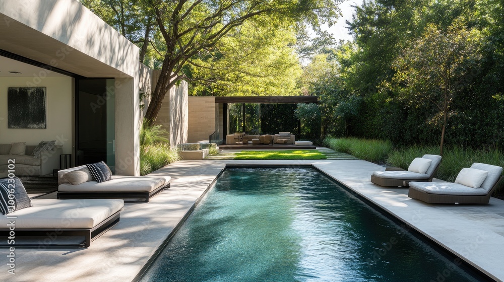 custom made wallpaper toronto digitalA minimalist backyard with clean lines, a sleek swimming pool, and modern outdoor furniture, providing a stylish and functional outdoor living space.