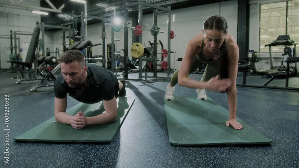 Woman performing plank with shoulder taps while man doing elbow plank hip dips on mats in gym during core and stability workout session Woman performing plank with shoulder taps while man doing elbow plank hip dips on mats in gym during core and stability workout session