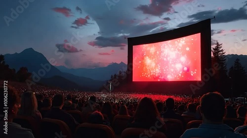 Outdoor Movie Theater with Large Screen and Audience Under a Twilight Sky