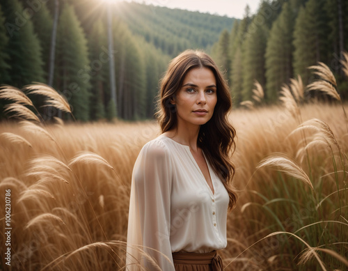 The beautiful girl is having fun and holding a wheat in the big field. She is wearing a white shirt and is looking amazing. We can see rays of sun. There is a big cornfield behind the girl.