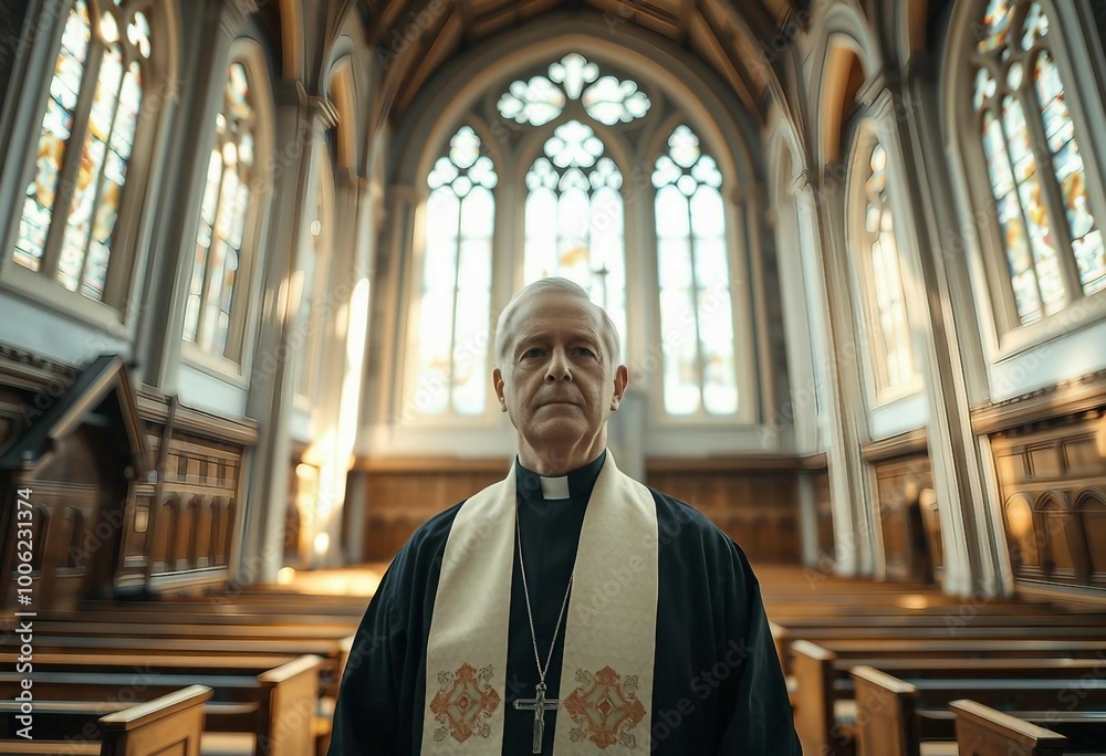 Wide-angle portrait of a priest in a bright, airy, historical church. Wide-angle portrait of a priest in a bright, airy, historical church.
