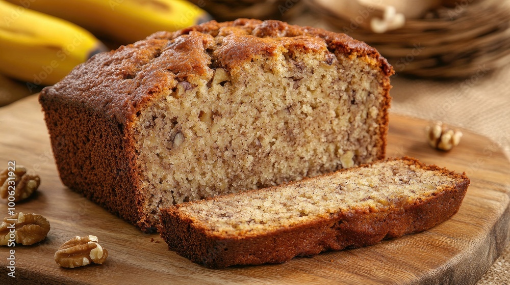 A mouthwatering slice of banana bread, moist and flavorful with ripe bananas, walnuts, and a hint of cinnamon, served on a rustic wooden board. A mouthwatering slice of banana bread, moist and flavorful with ripe bananas, walnuts, and a hint of cinnamon, served on a rustic wooden board.