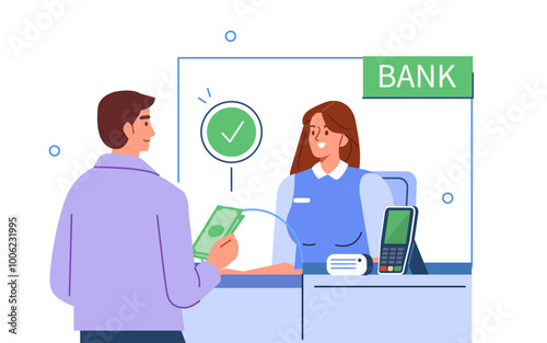 Bank cashier, teller at cash department window in bank office get money deposit from customer. Financial worker at work. Vector illustration.