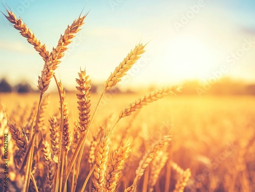 A detailed close-up panoramic view of golden wheat fields gently swaying in the breeze under a clear azure sky during a vibrant sunset. Warm sunlight casts a golden glow over the landscape.