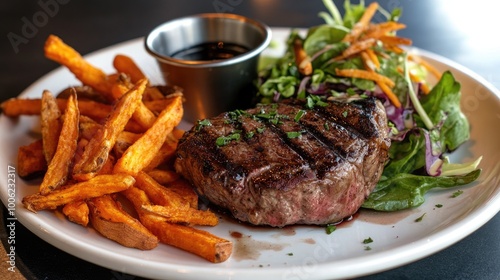 A perfectly cooked steak served with a side of crispy sweet potato fries and a fresh garden salad, plated with artistic flair.