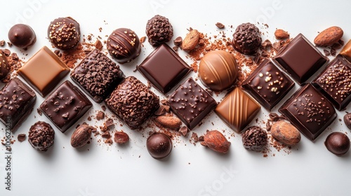 Delicious chocolate pralines with cocoa powder forming a line on white background