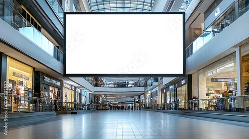 A large, blank LED screen in a sleek, modern shopping mall, surrounded by glass railings and stores, emphasizing a commercial setting with ample space for promotional content.