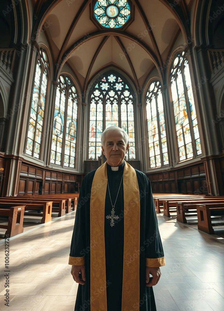 Naklejka premium Wide-angle portrait of a priest in a bright, airy, historical church.