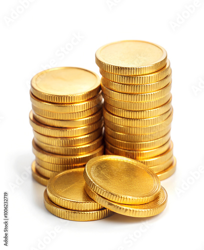 A lot of stacking gold coins isolated on a white background. Earning profit business concept. Generative AI