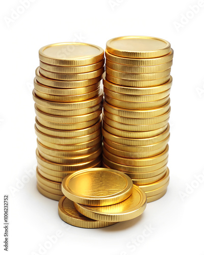 A lot of stacking gold coins isolated on a white background. Earning profit business concept. Generative AI