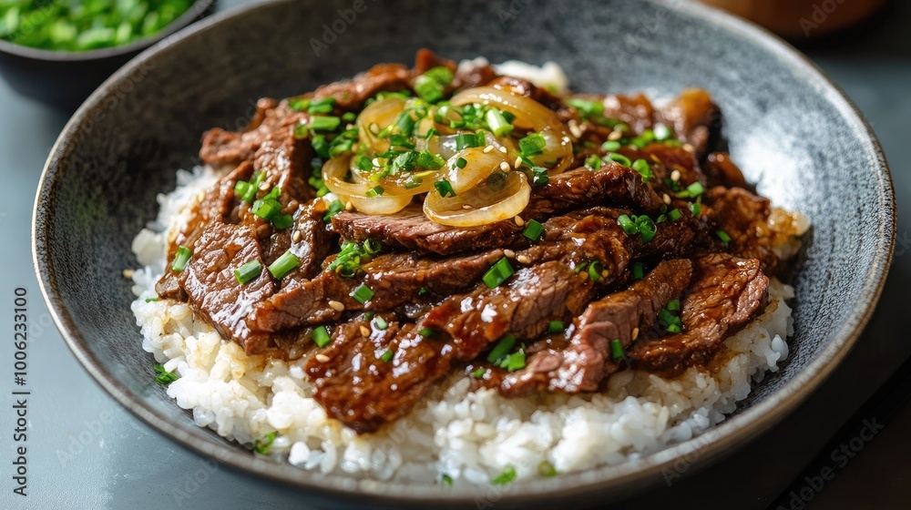 A plate of delicious donburi topped with thinly sliced beef and onions simmered in a sweet and savory sauce, served over a bowl of fluffy rice. A plate of delicious donburi topped with thinly sliced beef and onions simmered in a sweet and savory sauce, served over a bowl of fluffy rice.