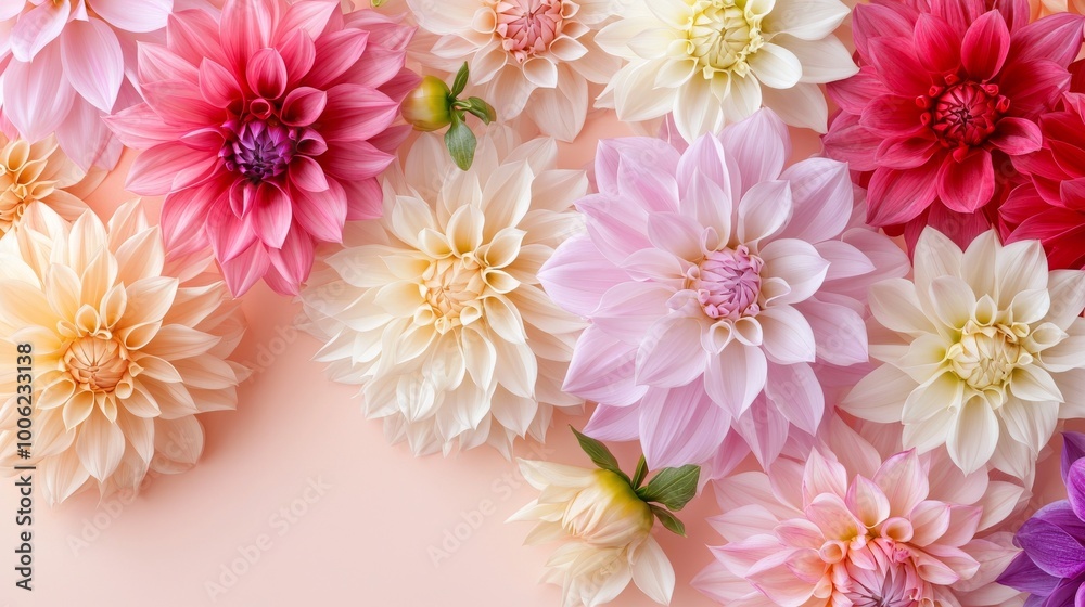 It depicts dahlias and peonies with petals that almost seem soft to the touch. It depicts dahlias and peonies with petals that almost seem soft to the touch.