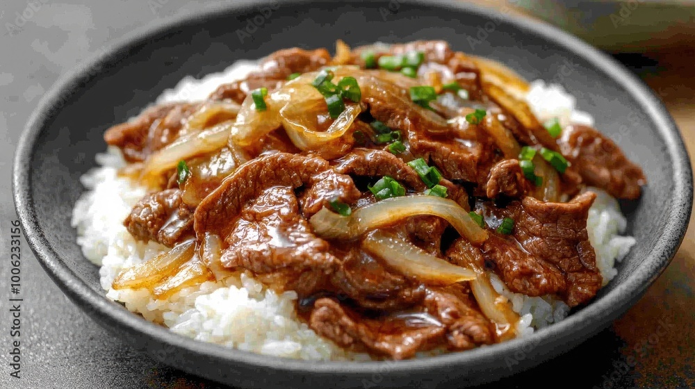 A plate of delicious donburi topped with thinly sliced beef and onions simmered in a sweet and savory sauce, served over a bowl of fluffy rice. A plate of delicious donburi topped with thinly sliced beef and onions simmered in a sweet and savory sauce, served over a bowl of fluffy rice.