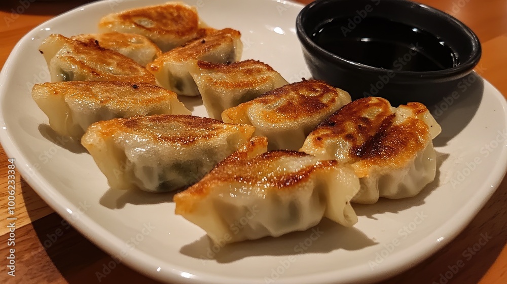 A plate of gyoza, crispy pan-fried dumplings filled with flavorful pork and vegetables, served with a side of soy dipping sauce. A plate of gyoza, crispy pan-fried dumplings filled with flavorful pork and vegetables, served with a side of soy dipping sauce.
