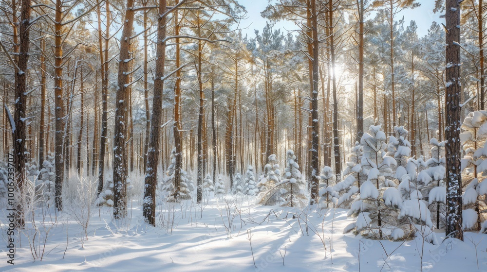 Snow-covered woodland with tall pine trees under a clear blue sky capturing the serene beauty of December Snow-covered woodland with tall pine trees under a clear blue sky capturing the serene beauty of December