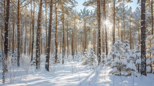 Wallpaper Mural Snow-covered woodland with tall pine trees under a clear blue sky capturing the serene beauty of December Torontodigital.ca