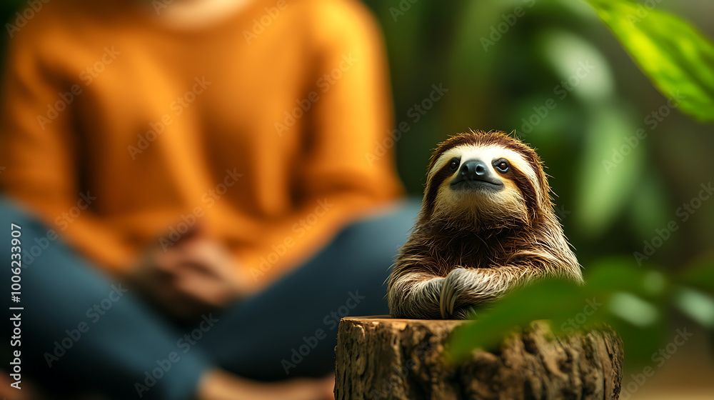 Cute sloth resting on a log, blurred human in the background, green foliage. Cute sloth resting on a log, blurred human in the background, green foliage.