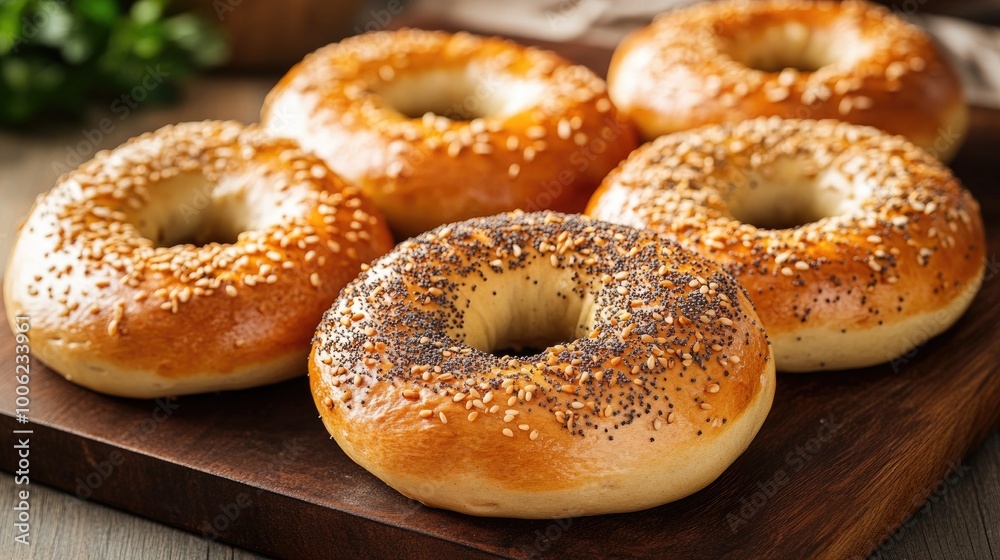 A platter of freshly baked bagels, golden and chewy with a variety of toppings including sesame seeds, poppy seeds, and everything seasoning. A platter of freshly baked bagels, golden and chewy with a variety of toppings including sesame seeds, poppy seeds, and everything seasoning.