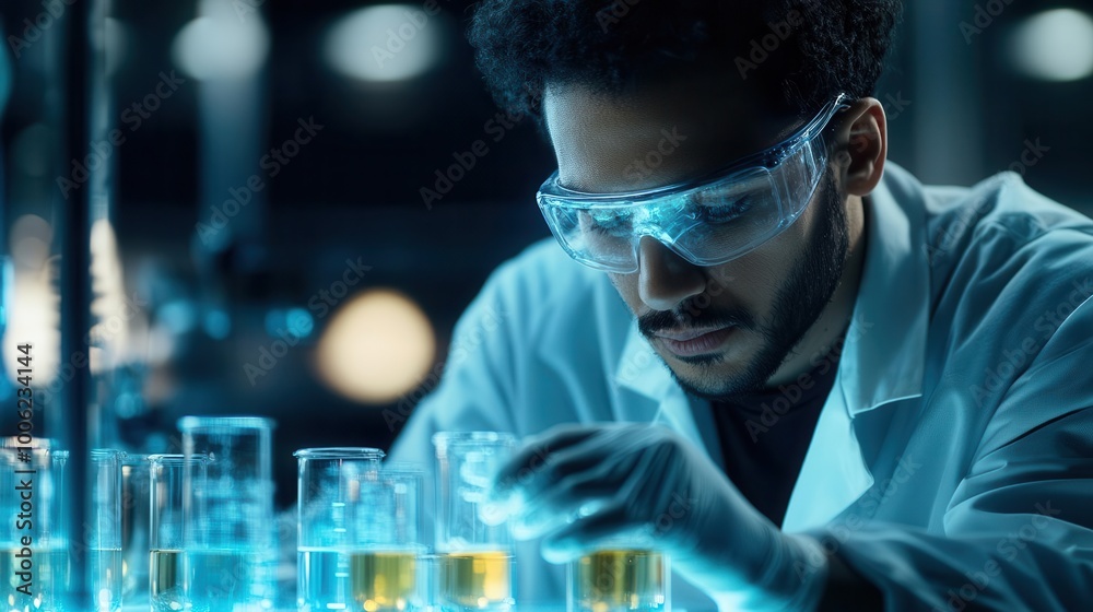 A focused scientist analyzing test tubes in a laboratory, showcasing precision and dedication in scientific research. A focused scientist analyzing test tubes in a laboratory, showcasing precision and dedication in scientific research.