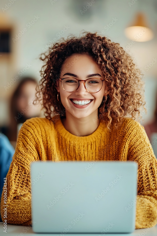 Smiling Woman with Laptop in Cozy Environment