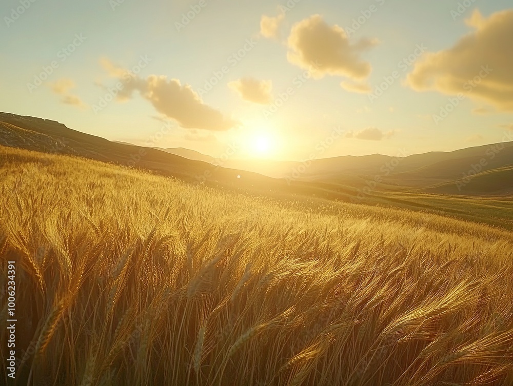 Obraz premium A detailed close-up panoramic view of golden wheat fields gently swaying in the breeze under a clear azure sky during a vibrant sunset. Warm sunlight casts a golden glow over the landscape.