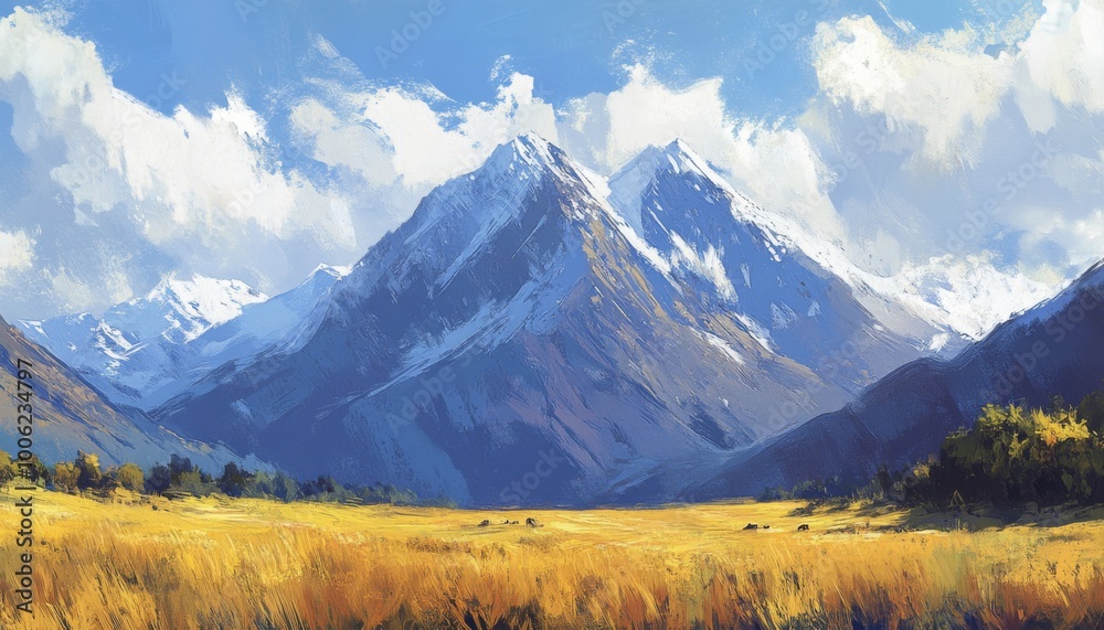 Fototapeta premium A majestic mountain range with snow capped peaks, surrounded by a vast golden field under a bright blue sky.