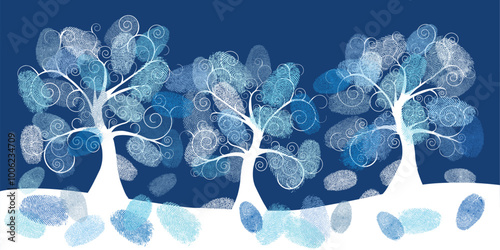 White winter trees silhouettes with fingerprints snowflakes isolated on dark blue background. Christmas vector design.