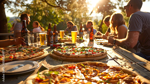 Friends enjoying pizza and beer at an outdoor gathering. Multiple pizzas with various toppings are spread across a large wooden picnic table, alongside chilled beer bottles, pint glasses