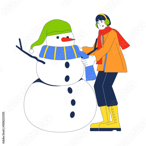 Winter coat woman tying scarf around snowman neck 2D cartoon character. Wintertime outdoor activity. Earmuffs asian female isolated person flat vector on white background. Spot illustration colorful