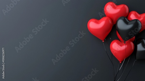 On top left of empty black background wallpaper, a bunch of 3d red and black hearts are depicted photo