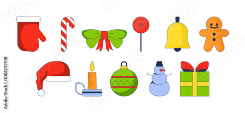 Christmas ornaments 2D cartoon objects set. Xmas adornments. Christmastide festive december decorations isolated elements flat vector cliparts on white background. Spot illustrations collection