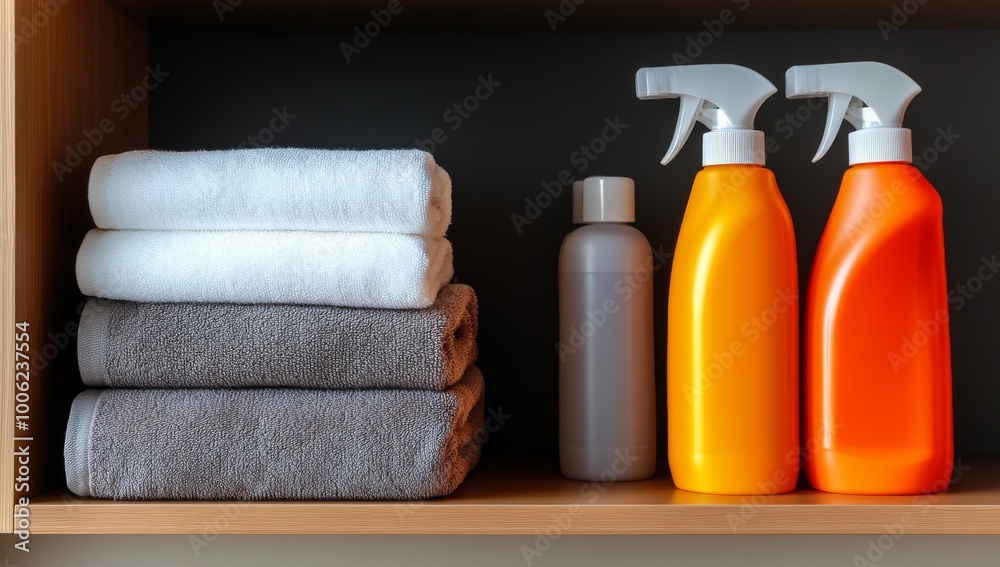 Neatly Folded Towels and Cleaning Products in White Closet Neatly Folded Towels and Cleaning Products in White Closet