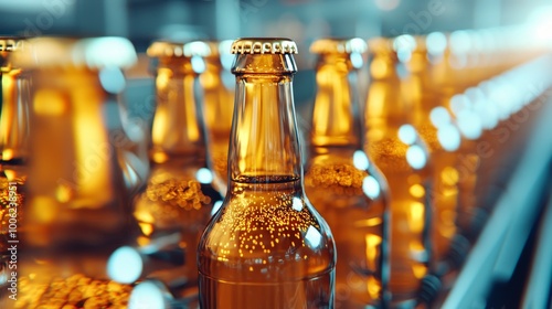 A bottling machinery filling glass bottles with beer.