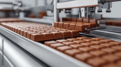 3D illustration of a chocolate production line with chocolate bars being processed.